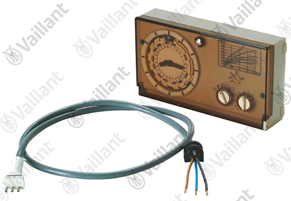 Vaillant elektronischer Regler mit analogen Anzeigen und einem Anschlusskabel, das mehrere Adern beinhaltet, in einem einfachen, funktionalen Design.